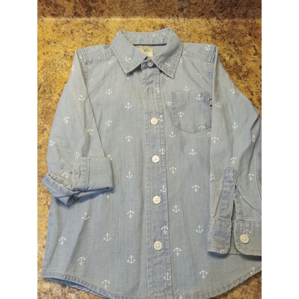 Baby B'gosh Toddler Boy 3T Light Blue Chambray Anchor Print Button Down Shirt